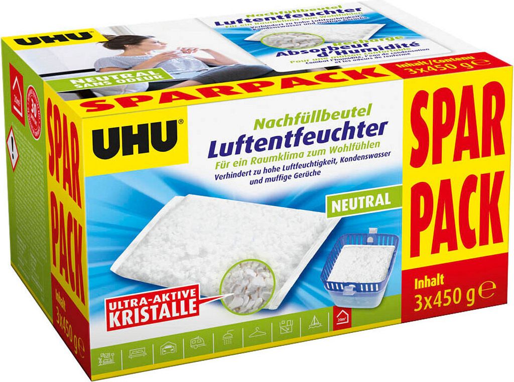 A box of UHU Luftentfeuchter (air dehumidifier) refill bags.