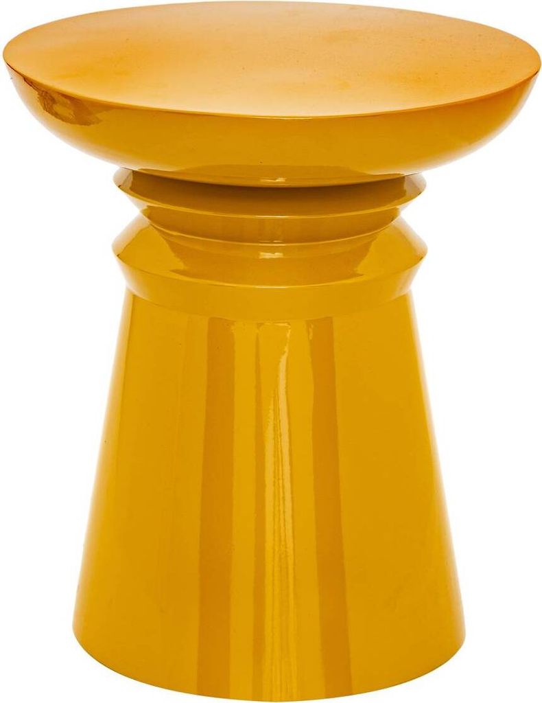 A yellow metal side table.