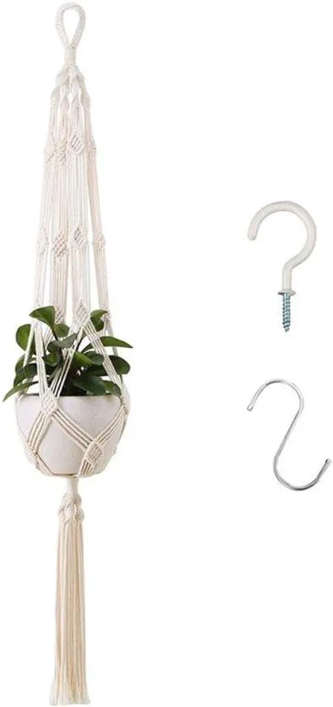 Panier macramé artisanal beige 105 cm - Tressage coton fait main mur