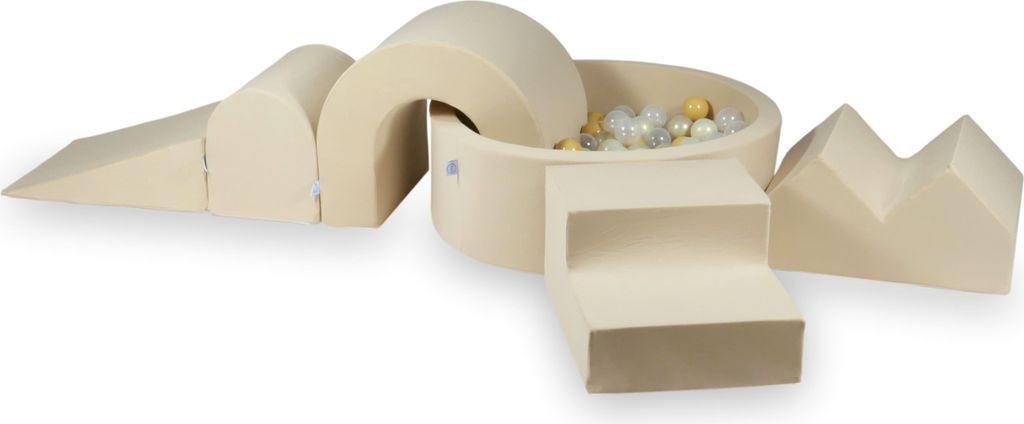 Schaumstoff-Spielset mit rundem Bällebad + 5 Elementen – 90x30 Beige + 200 Bällebadbälle / transparent, beige, hellgold, Meerjungfraueneffekt