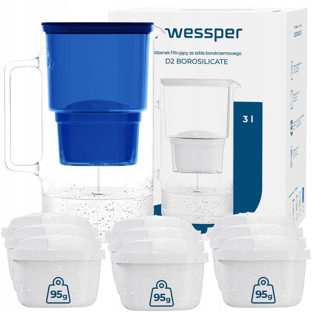 Wessper D2 BOROSILICATE Wasserfilterkanne 3 L Blau – Glasfilterkanne mit 10 AquaMax Filter, BPA-frei