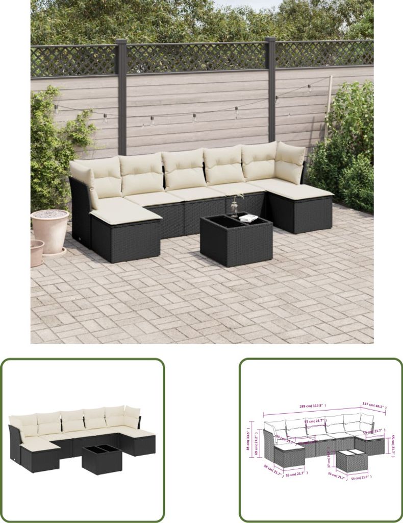 The Living Store 8-tlg. Garten-Sofagarnitur mit Kissen Schwarz Poly Rattan