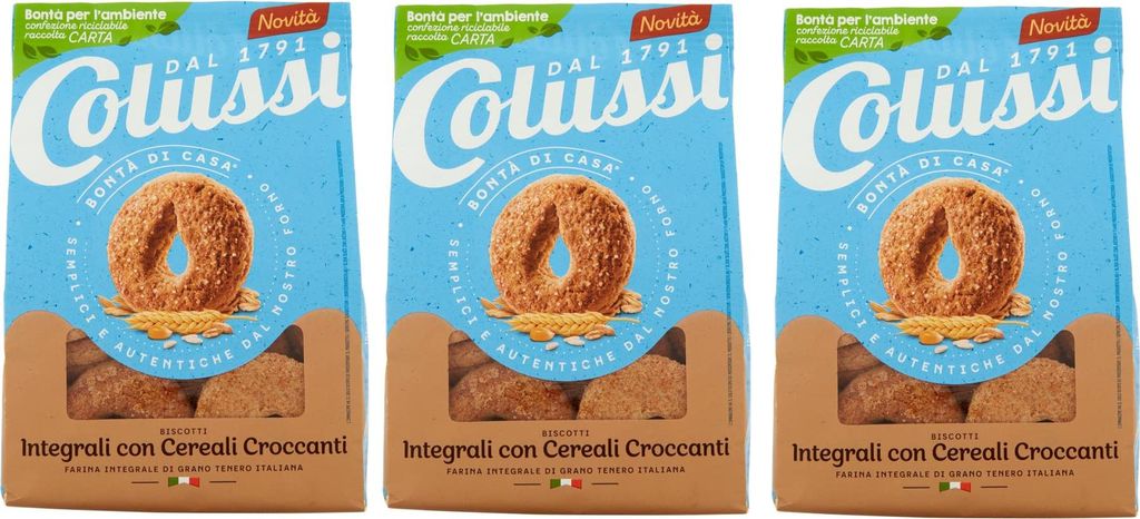 3x Colussi Integrali con Cereali Croccanti Biscotti con farina di frumento integrale e cereali croccanti Kekse mit Vollkornmehl und knusprigen Cere...