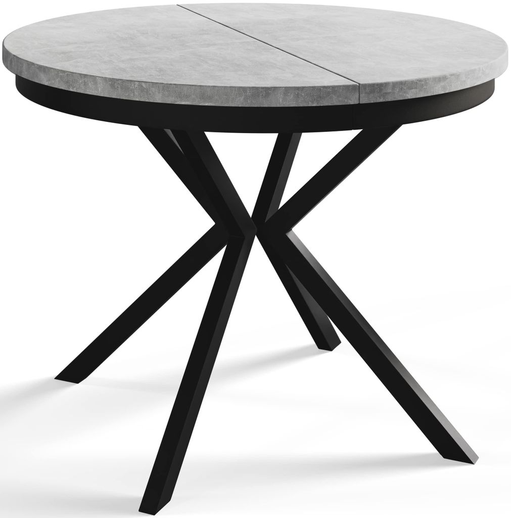 Esstisch Rund Bergo, Esstisch Ausziehbar 100-180 cm, Moderner Wohnzimmertisch, Hellgrau mit Metallbeinen in Schwarz