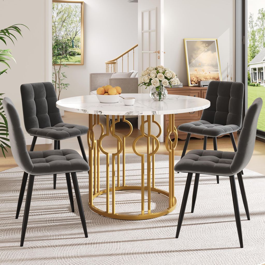 STILVORA Esstisch-Set (5-teilig) mit 4 Stühlen,Küchentisch-Set mit runder Esstisch und goldenen Metallbeinen,Essgruppe mit Esszimmerstühle aus d...