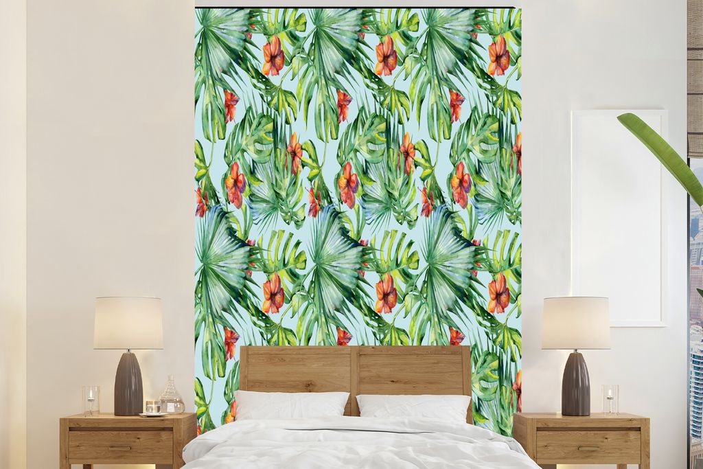MuchoWow Fototapete für Wohnzimmer oder Schlafzimmer Wandtapete Vinyl Motivtapete Blumen - Hibiskus - Orange - Blätter - 195x300 cm - Das Hinte...