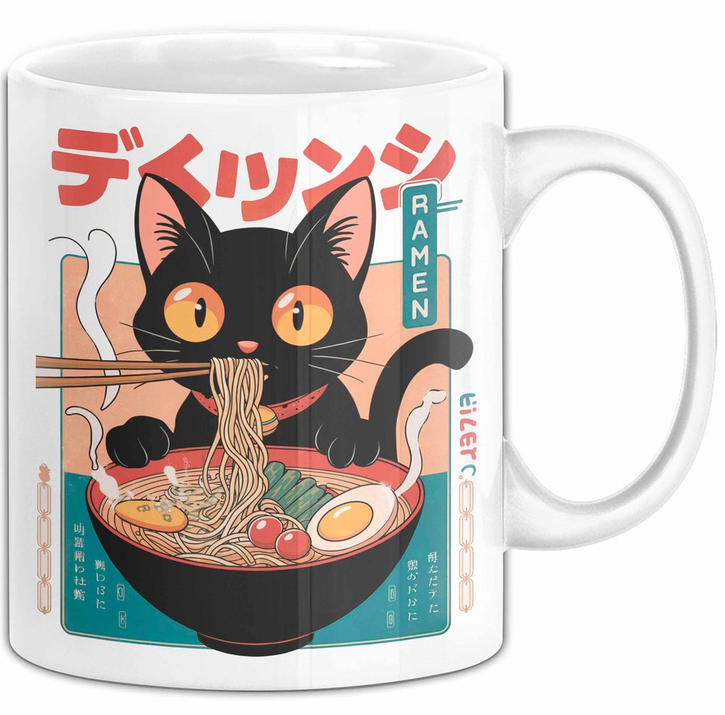 Katze Ramen Nudeln Japanisches Anime Manga Tasse Becher Geschenk Lustige Geschenkidee Spruch (Weiß)