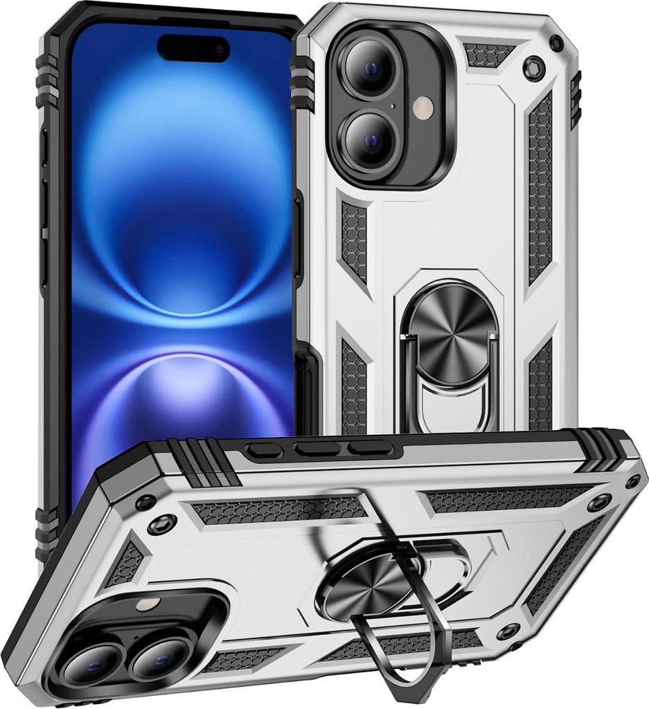 Schutzhülle für iPhone 17 Dual Layer Robust Militäre Fallschutz Hülle mit Ringhalterung Ständer Silber