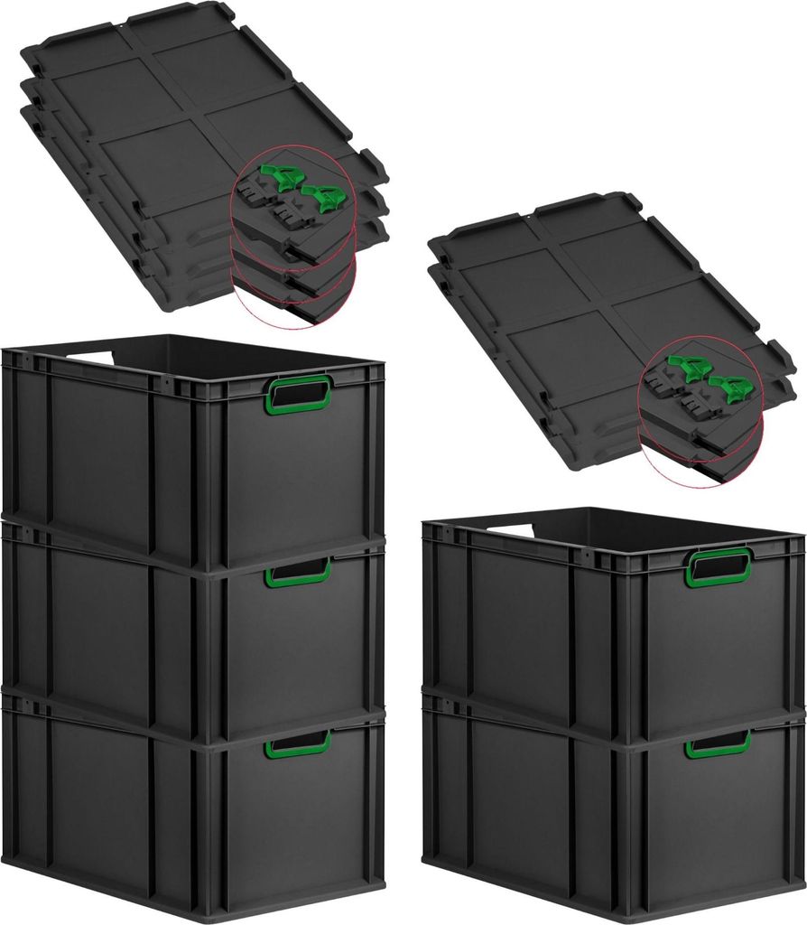 SuperSparSet 5x Eurobox NextGen Color mit Scharnierdeckel und Schiebeschnappverschlüssen | HxBxT 32x40x60cm | 65 Liter | Schwarz | Griffe grün of...