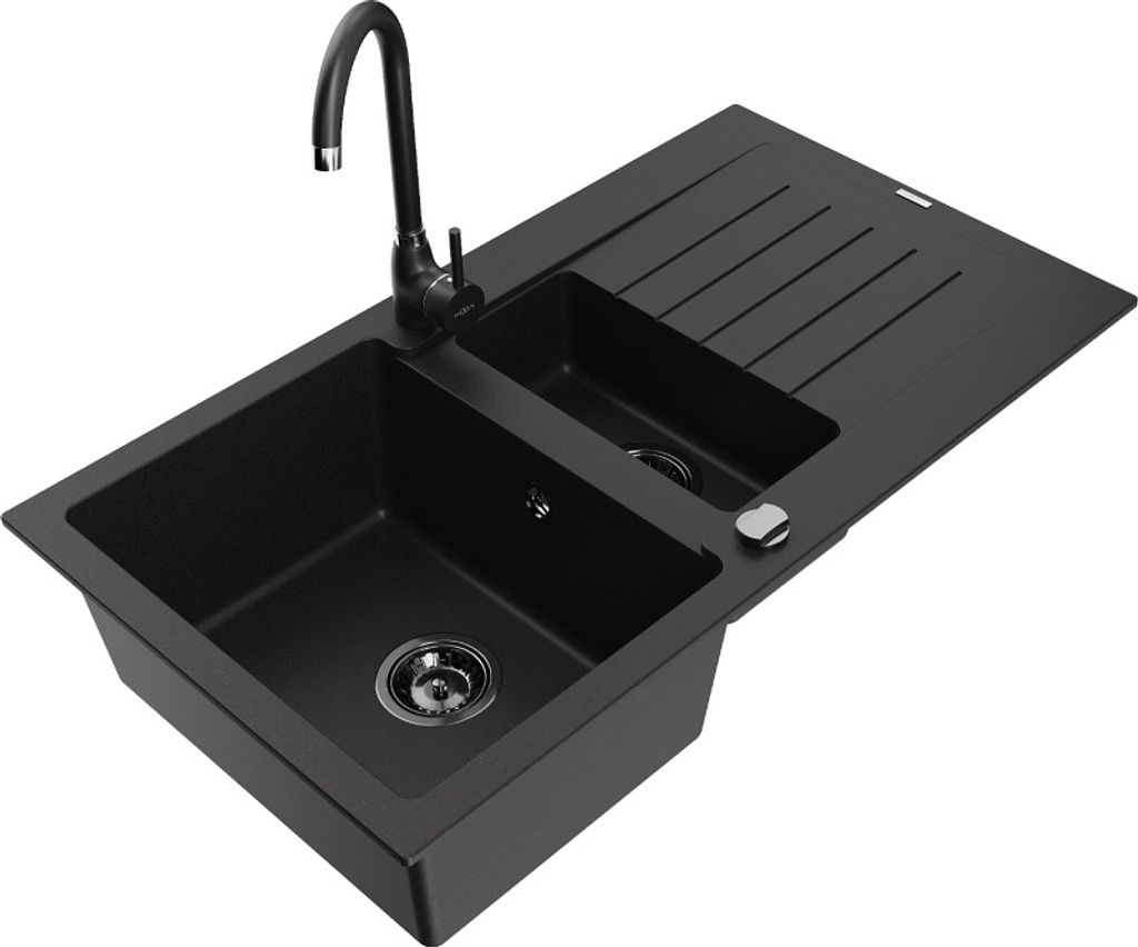 Mexen Matias 1,5-Becken-Granitspüle mit Abtropffläche und Mischbatterie Telma, Schwarz - 6502-77-670200-70-B