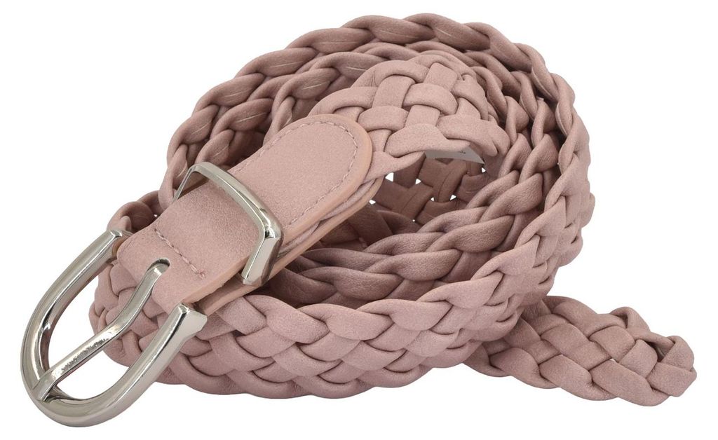 styleBREAKER Damen Flechtgürtel schmal aus Kunstleder | 2,8 cm breit | geflochtener Gürtel mit silberner Dornschließe | One Size 110 cm lang
