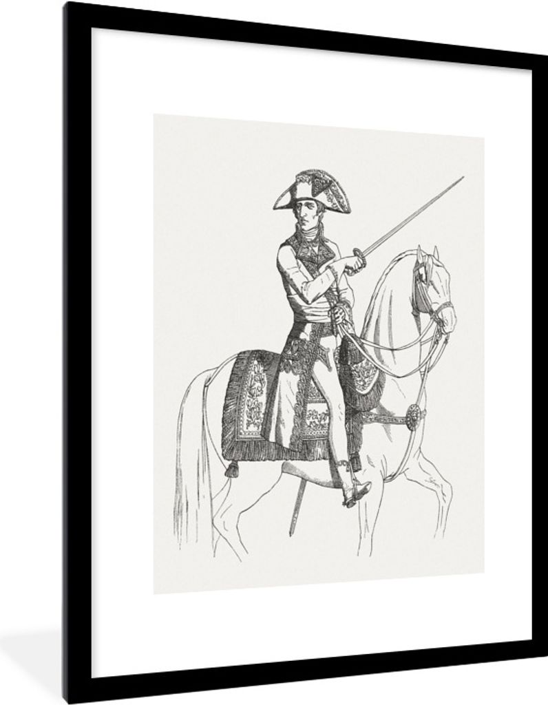 MuchoWow Gerahmtes Poster Illustration von Napoleon Bonaparte auf einem Pferd mit einem weißen Hintergrund 60x80 cm - Poster mit Schwarzem Bilde...
