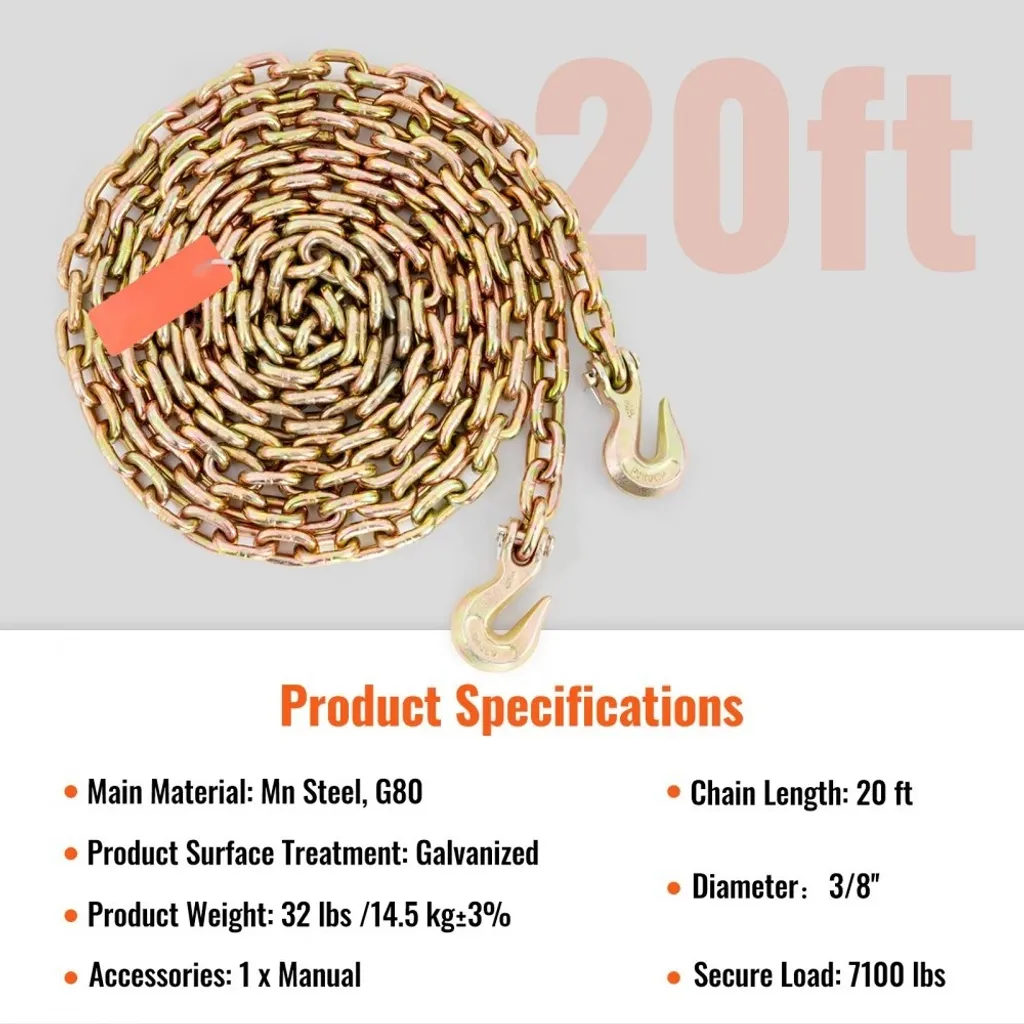 Catena da traino 9,53 mm x 6 m - Catena da slittamento 3220 kg di portata - Catena da trasporto G80 - Catena forestale in acciaio - Robusta catena in acciaio per il sollevamento, il carico, il traino e la legatura, ecc. - In tedesco. - 7