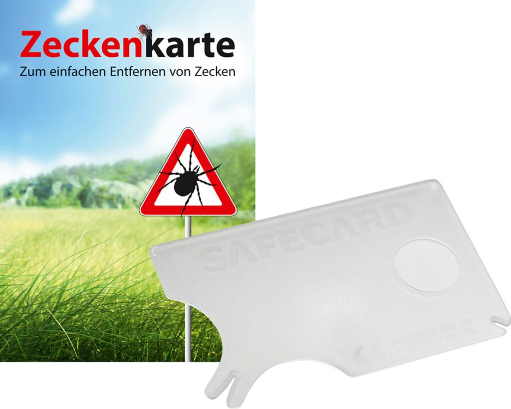 A product image showing a tick removal card next to a promotional image of a field with a tick warning sign.
