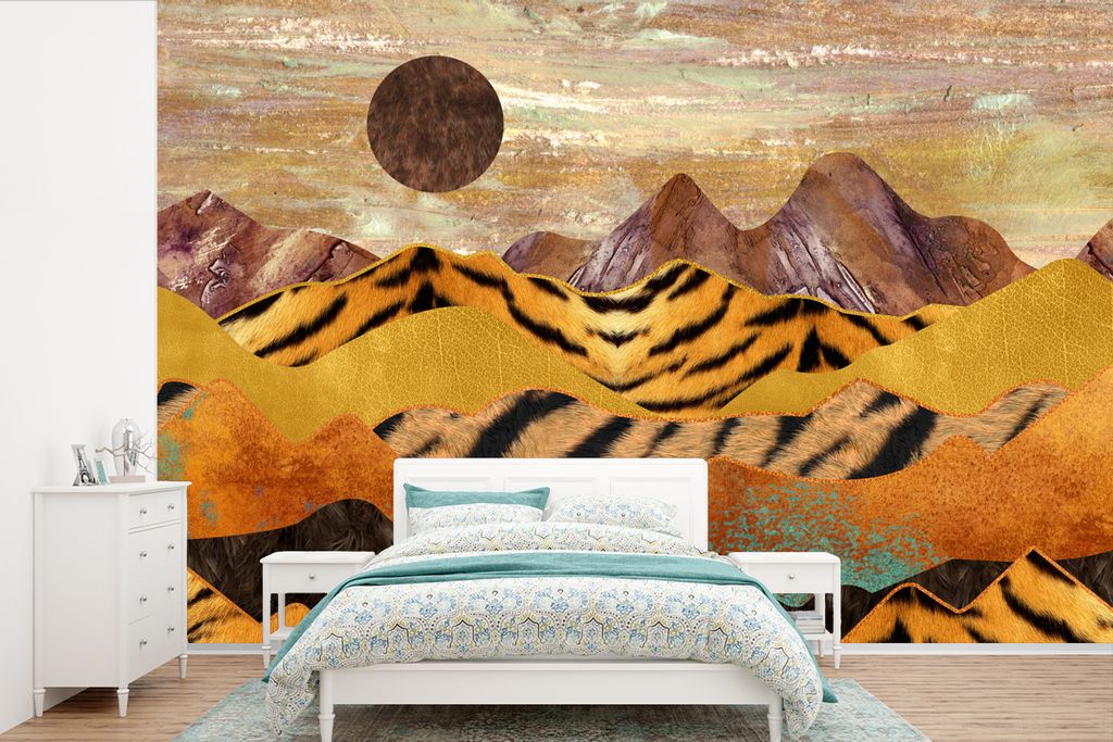 MuchoWow Fototapete für Wohnzimmer oder Schlafzimmer Wandtapete Vinyl Motivtapete Marmor - Tigerdruck - Gold - 600x400 cm - Vinyltapeten