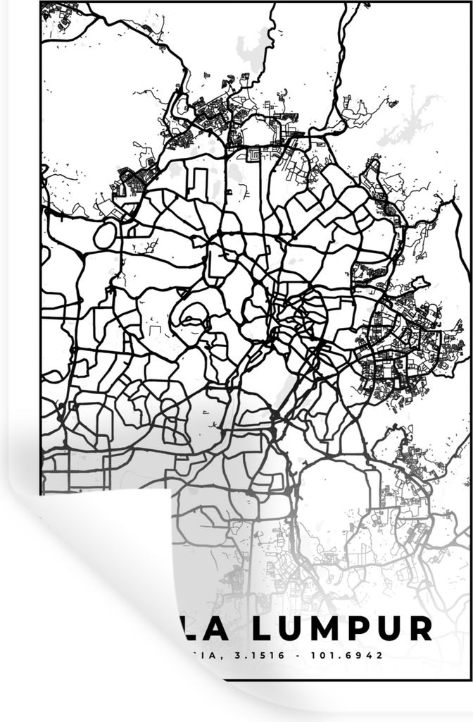 MuchoWow Wandtattoo Wandsticker Wandaufkleber Kuala Lumpur - Karte - Stadtplan - Schwarz und weiß 80x120 cm Selbstklebend und Repositionierbar -...