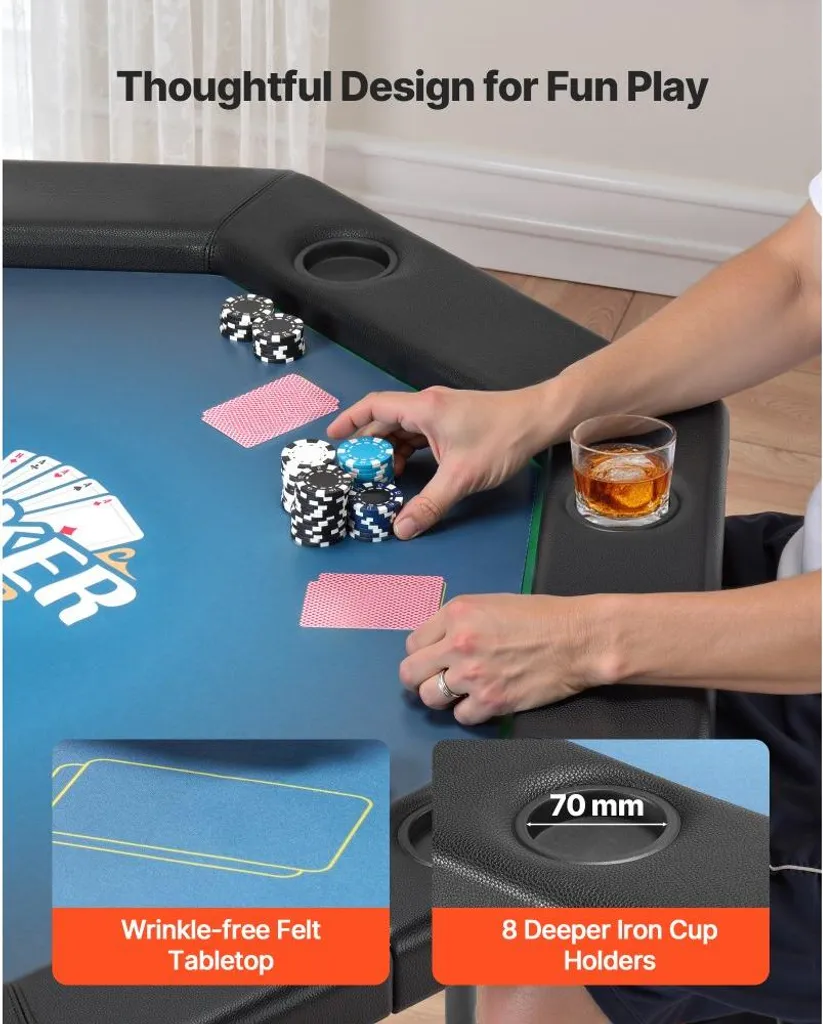 Table de poker pliable 1325mm portable - Revêtement feutrine 8 joueurs