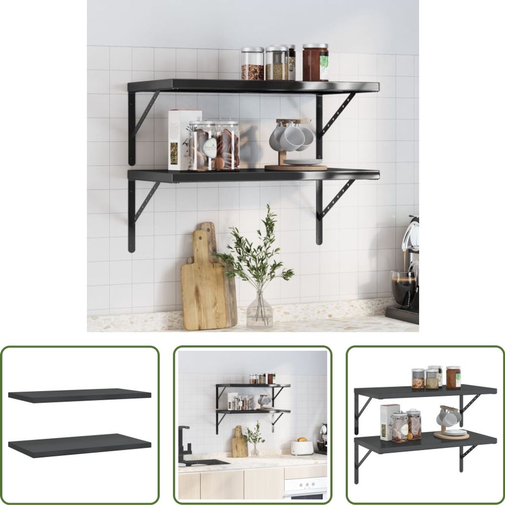 The Living Store Wandregale 2 Stk. 75x40x3 cm Schwarz Edelstahl