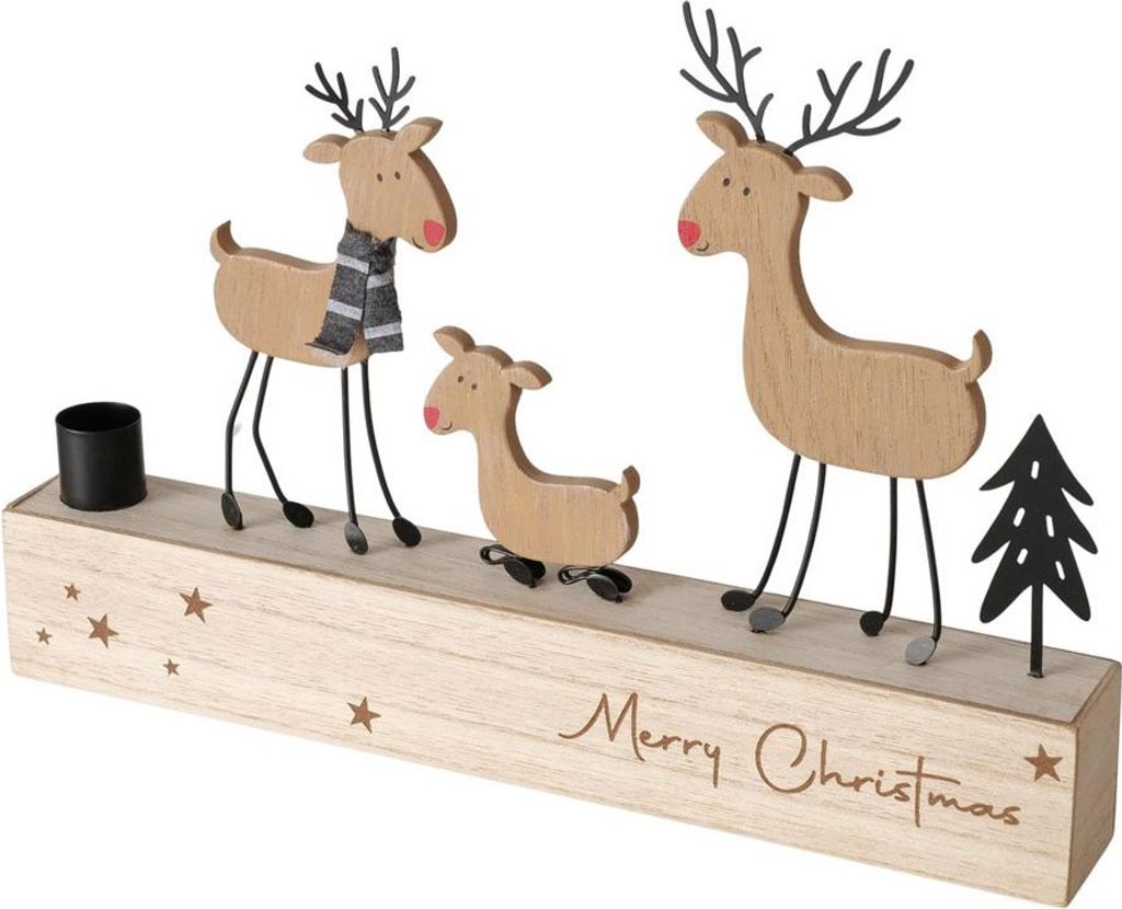 Kerzenleuchter TIMBA natur aus Holz mit Kerzenhalter und Rentieren L31cm