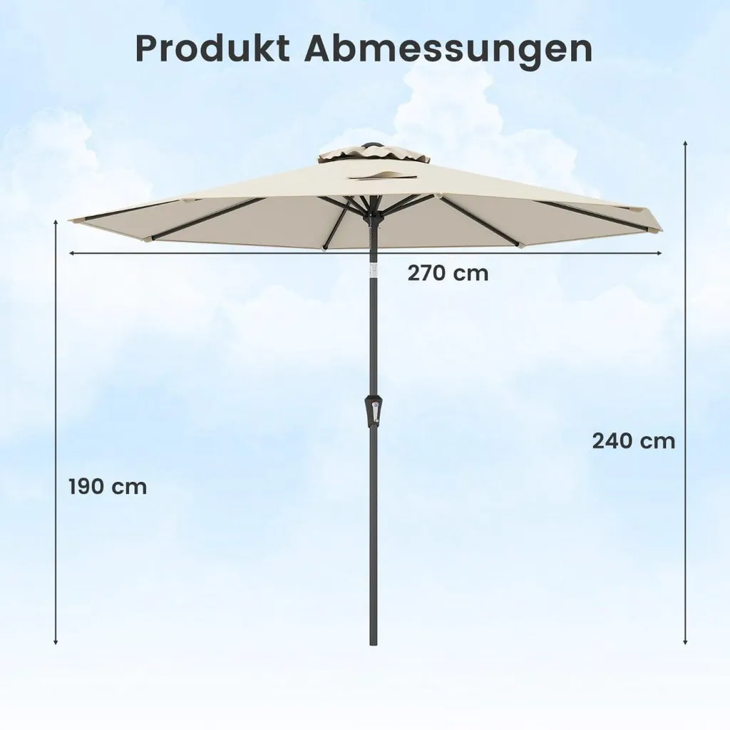 Parasol d'extérieur beige inclinable 270 cm - Protection UV terrasse