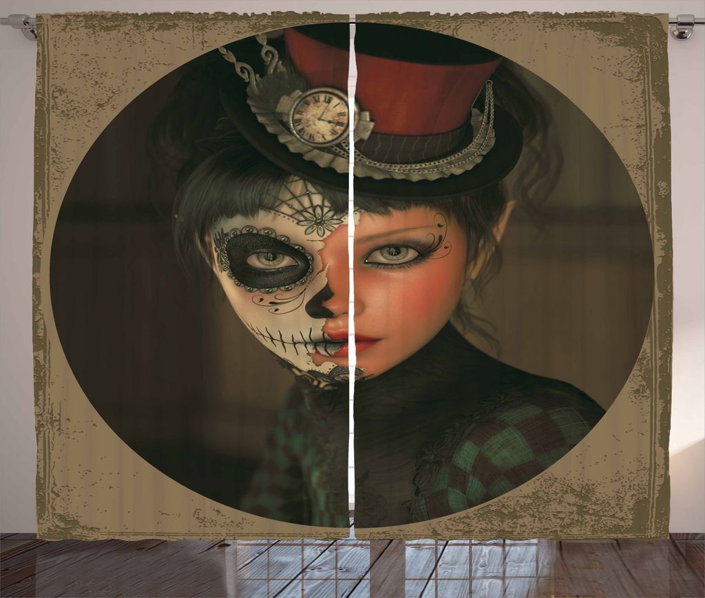 ABAKUHAUS Zuckerschädel Rustikaler Gardine, Antique Portrait, Schlafzimmer Kräuselband Vorhang mit Schlaufen und Haken, 280 x 175 cm, Mehrfarbig