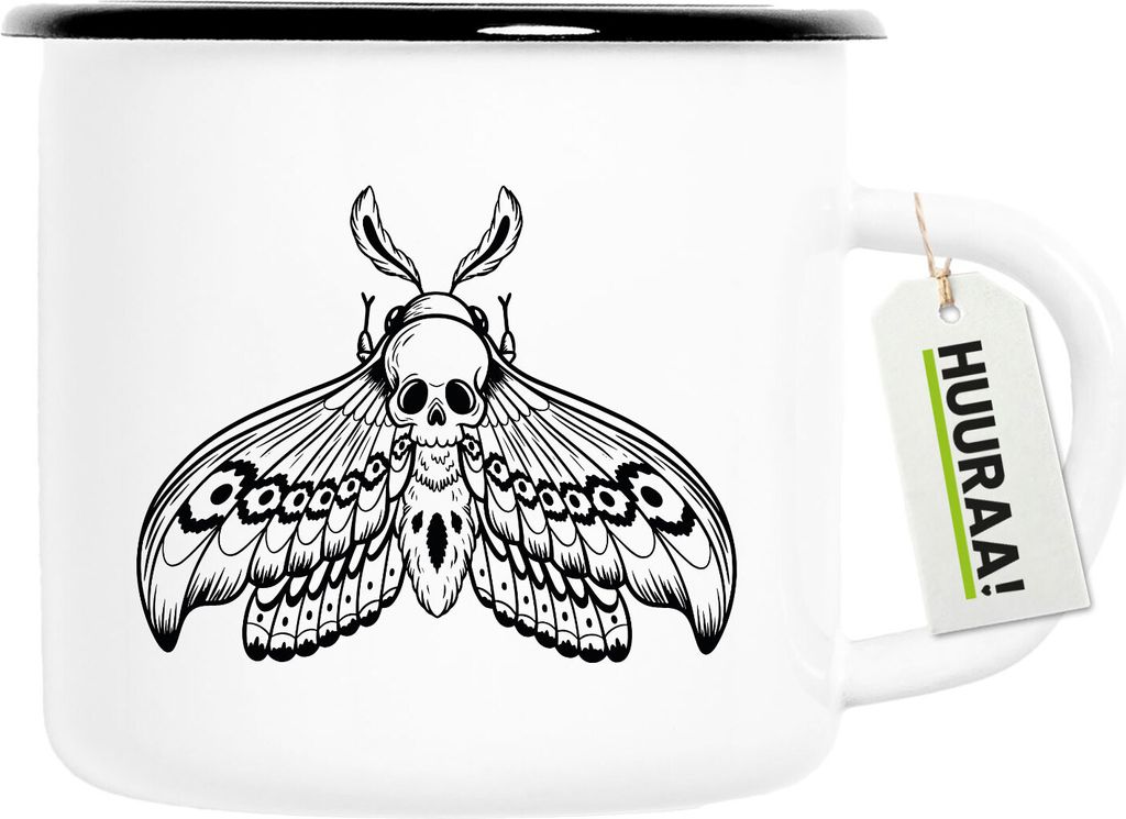 Huuraa Emaille Tasse Totenkopfschwärmer Motte 300ml Vintage Campingbecher Geschenkidee