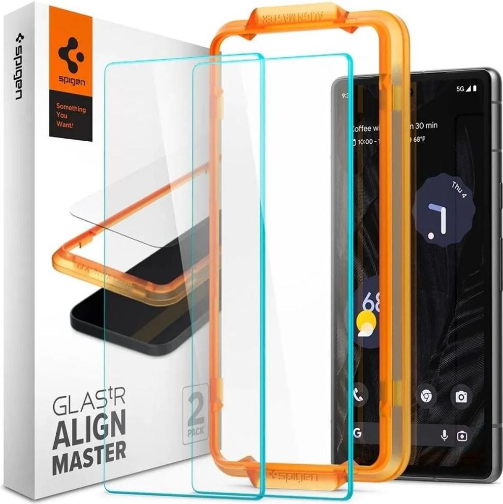 A product shot of a Spigen screen protector kit for a Google Pixel phone, including the packaging, alignment tool, and two screen protectors.