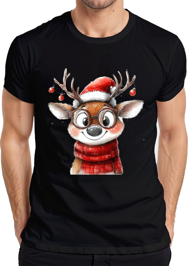Weihnachtsrentier Brille roter Schal Kinder Geschenk Niedlich Herren T-Shirt, Schwarz, 3XL