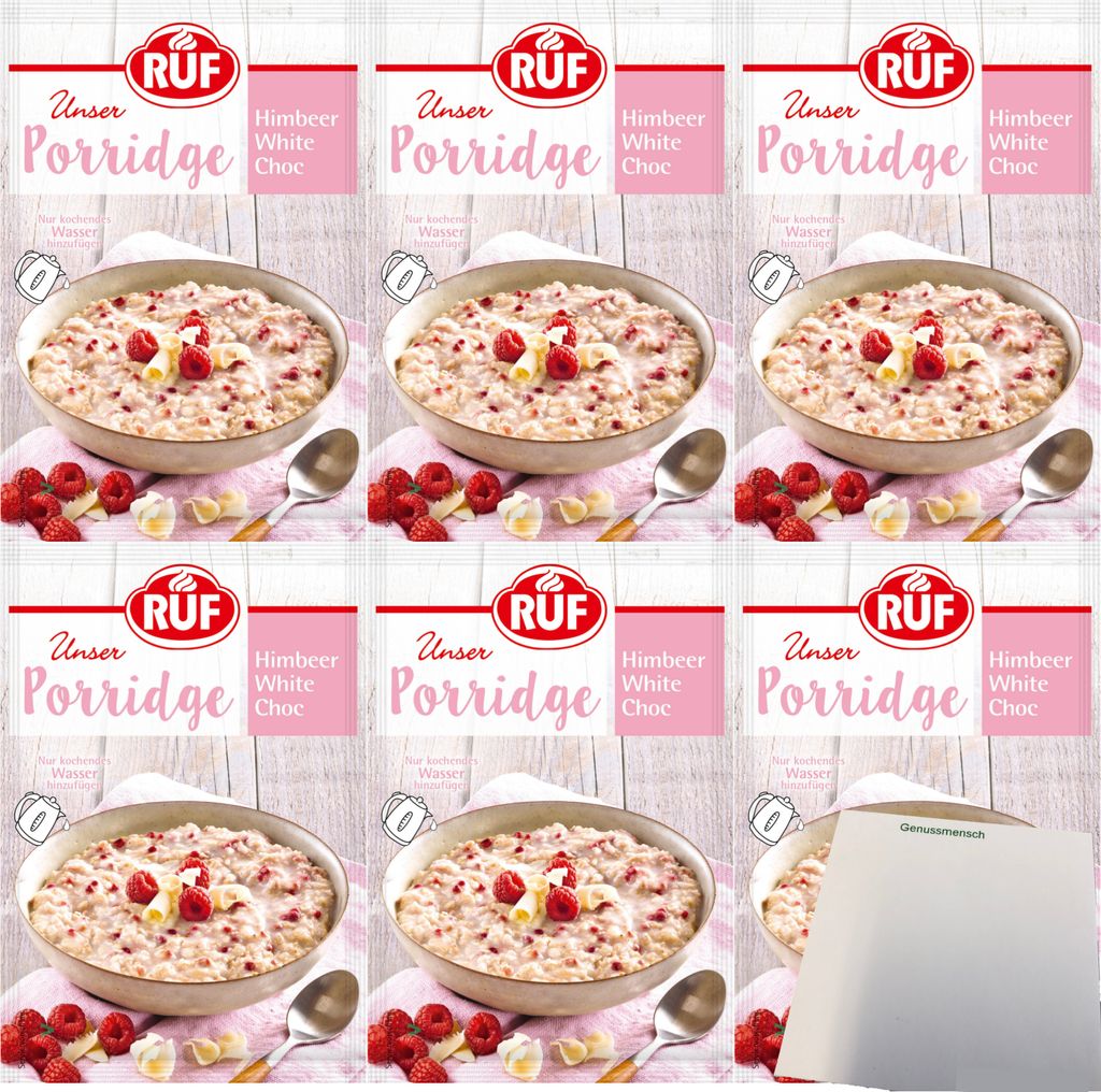 RUF Porridge Himbeer White Choc 6er Pack (6x65g Beutel) + usy Block