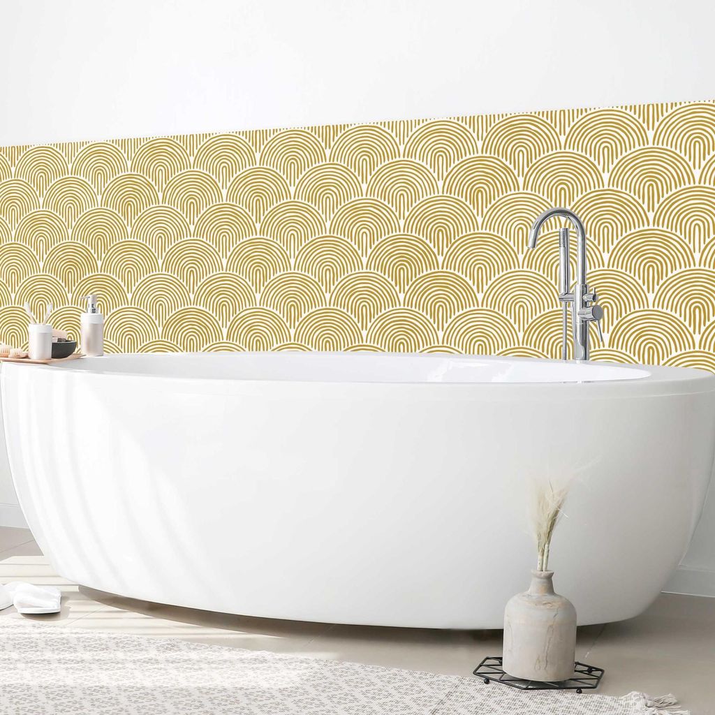 Wandverkleidung Bad Muster selbstklebend - 0.35 mm Wandpaneel matt wasserfest Design gelb Abstrakt Badrückwand fugenlos 300x90 cm