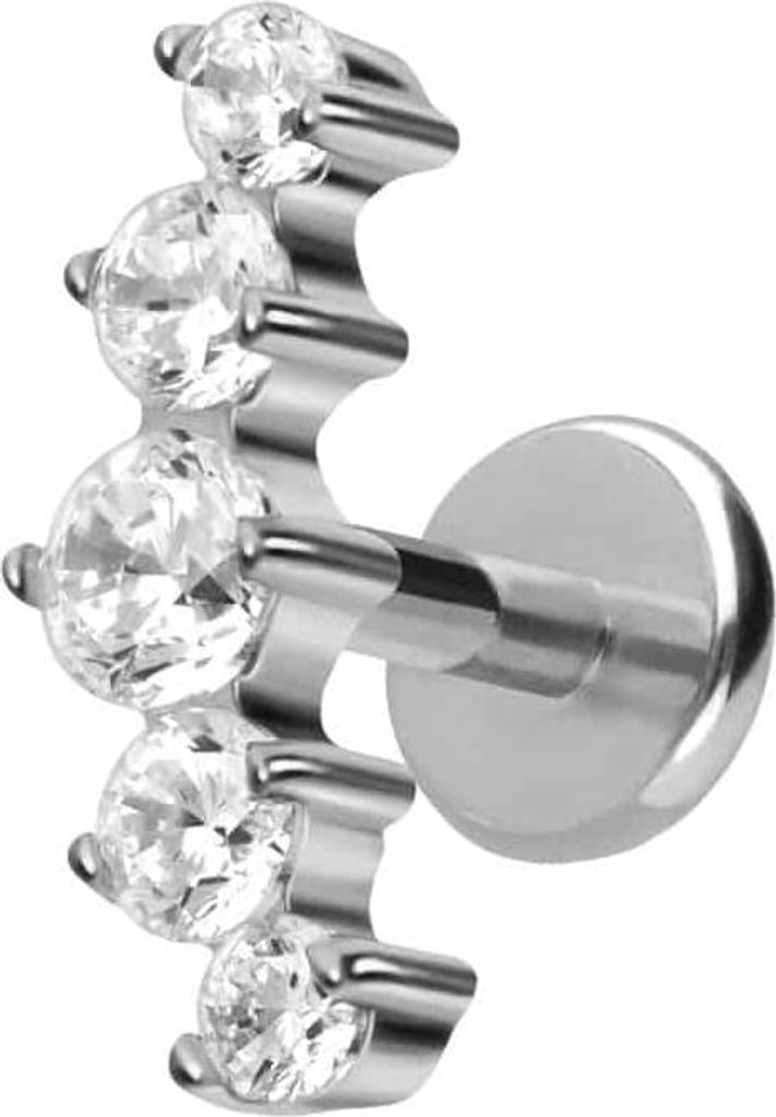 Ohrpiercing, Nasenpiercing Titan Labret mit Push Fit 5 EINGEFASSTE KRISTALLE Silber Stablänge: 5mm | Stabstärke: 1mm