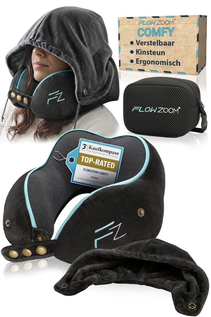 FLOWZOOM COMFY Reisnekkussen met capuchon, traagschuim, Productafbeelding 