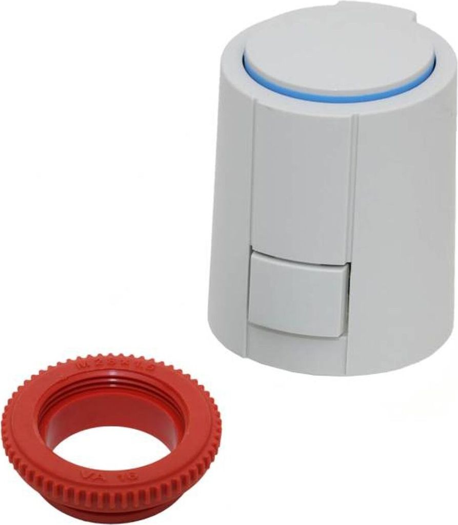 A white thermostat actuator and a red adapter ring are shown against a white background.