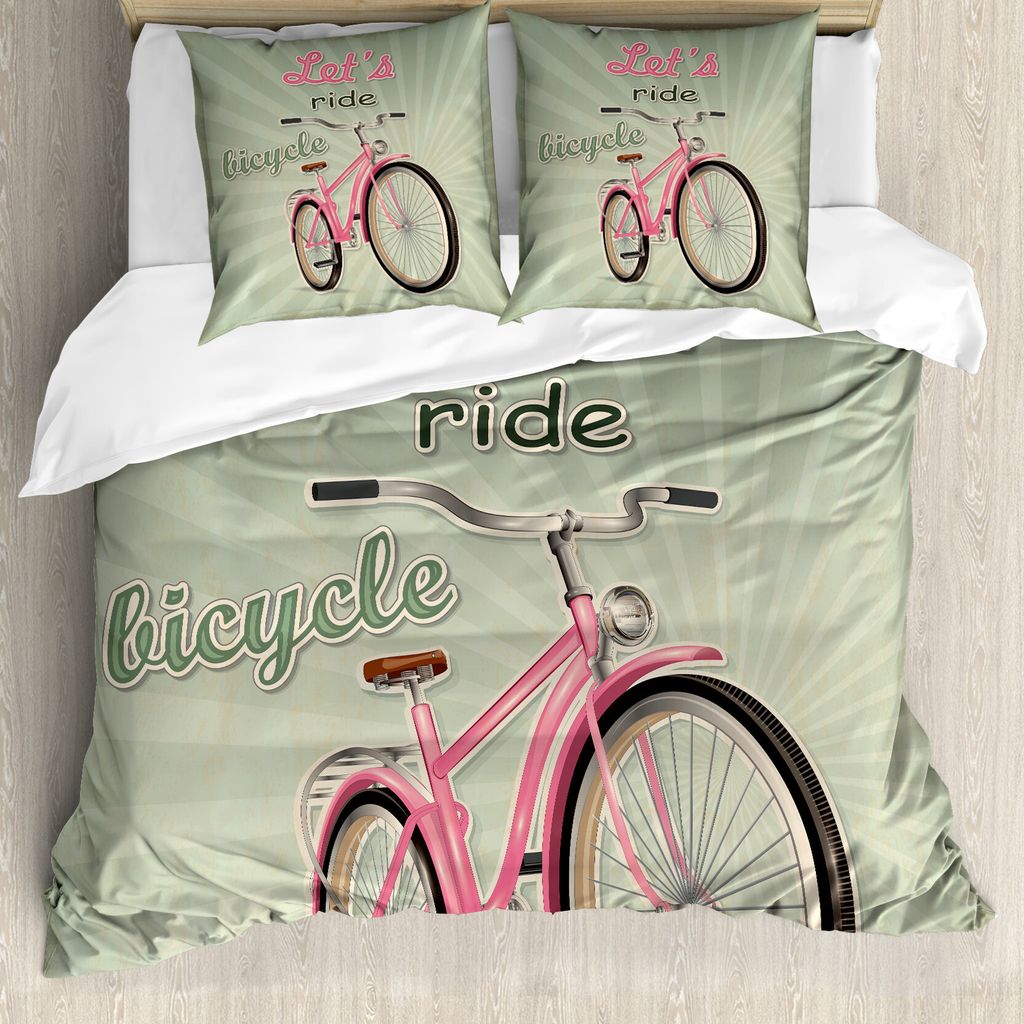 ABAKUHAUS Fahrrad Bettbezug, Retro Pop-Art-Bike, Milbensicher Allergiker geeignet mit Kissenbezügen, 200 cm x 200 cm - 80 x 80 cm, grün, Rosa,