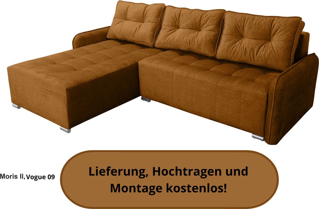 Ecksofa MORIS II mit Schlaffunktion - Ecke wechselbar - L-Form - Bettkasten, 3 Kissen, Honiggelb