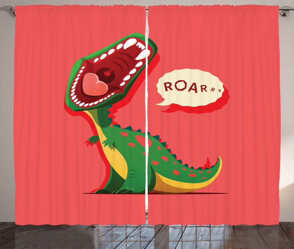 ABAKUHAUS Dinosaurier Rustikaler Gardine, Cartoon Prähistorische, Schlafzimmer Kräuselband Vorhang mit Schlaufen und Haken, 280 x 175 cm, Coral G...
