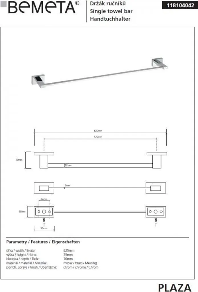 Bemeta Plaza Porta asciugamani 62,5 cm Cromo Lucido 104204012 per Bagno