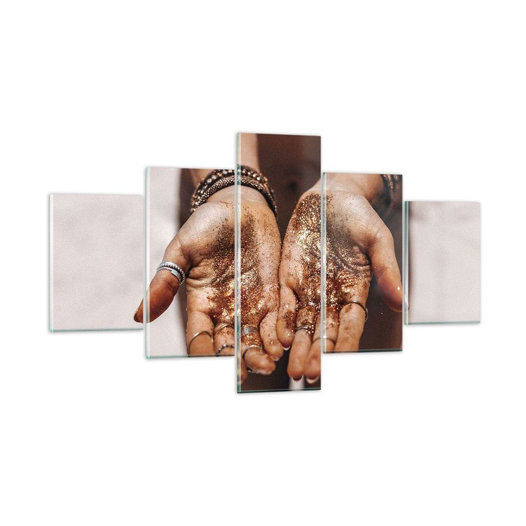 Bilder auf glas - 5 Teile - Hände Strand Gold - 125x70cm - Glasbilder - Wandbilder - Bilder - zum Aufhängen bereit - Wanddekoration aus Glas - Gl...
