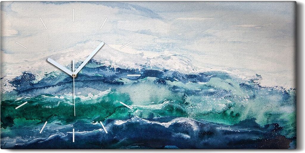 Wanduhr Bürouhr Leinwand Bild Geräuschlos 60x30 groß Meereswellen Aquarellfarbe - weiße Hände