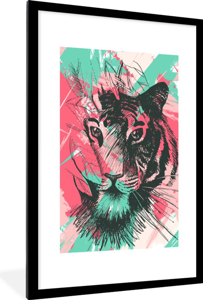 MuchoWow MuchoWow Gerahmtes Poster Tiger - Abstrakt - Rosa 60x90 cm - Poster mit zchwarzem Bilderrahmen - Dekoration - Wandposter Wohnzimmer - ...