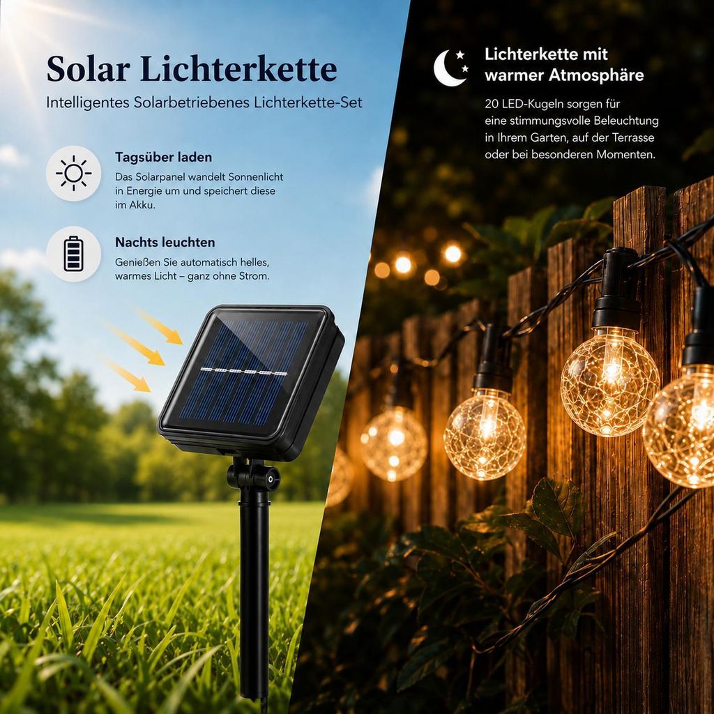 Solar Lichterkette 5m – 20 LED Kristallkugel, IP65 Garten & Produktbild 