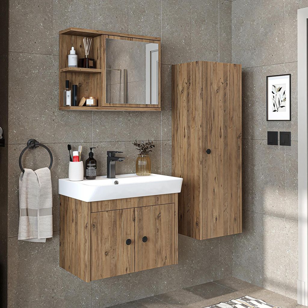 Roomart ADA Badmöbel Set– 4-teiliges Badezimmermöbel Set mit Waschbecken, Unterschrank, Spiegelschrank & Seitenschrank - H 42 x B 35 x T 60 cm...