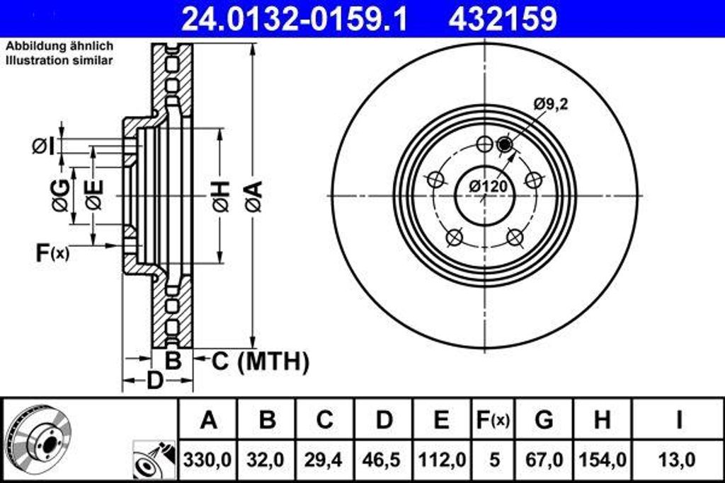 ATE 24.0132-0159.1 Bremsscheibe OE 5135475AA kompatibel mit Crossfire, CLK, E-Klasse, SLK