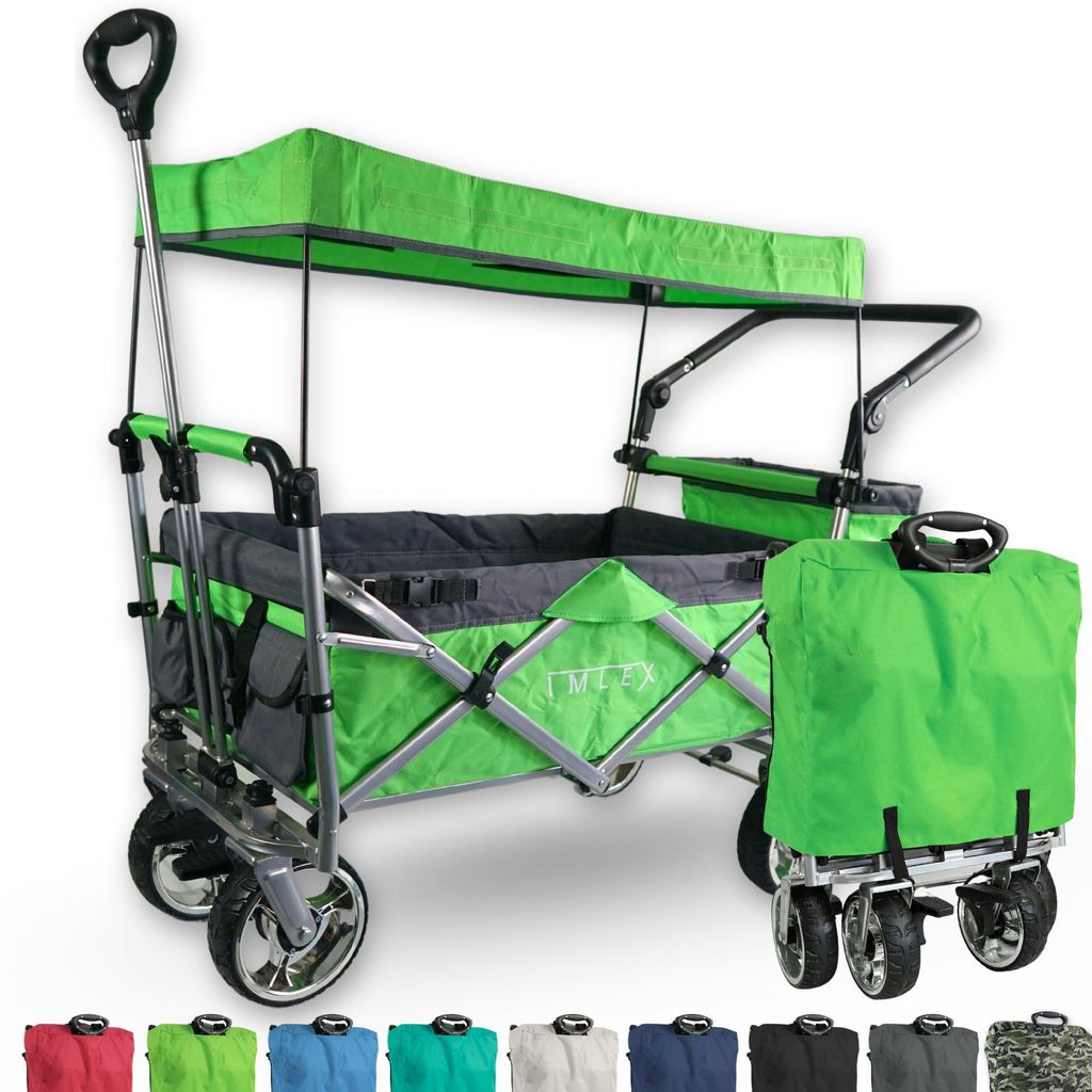 IMLEX Bollerwagen faltbar mit Dach IM-4268 Grün | Hohe Stabilität, 1X 3-Punkt Gurtsystem | Handwagen klappbar mit Schiebegriff ideal für 2 Kinder