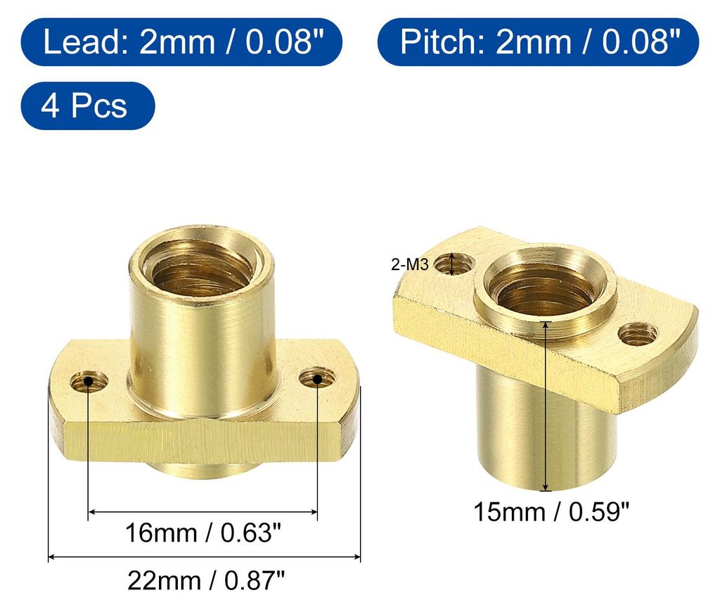 4 Stš¹ck Tr8x2 1-G?ngige Messing Flanschmutter, 2mm Teilung?2mm Steigung Trapezgewinde-Spindelmutter mit 2 M3 Bohrungen, 22mm AD, 15mm Dicke