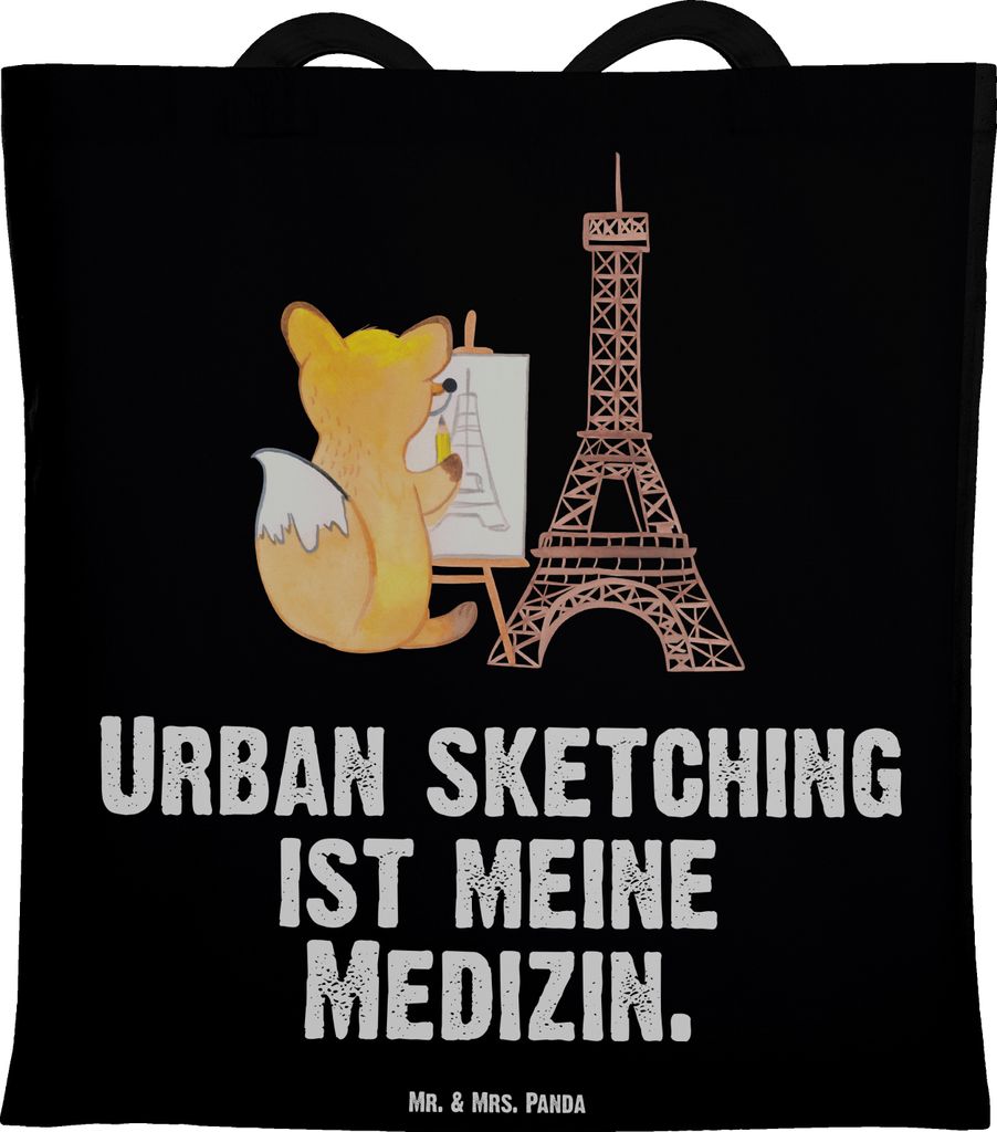 Mr. & Mrs. Panda Tote Bag Fuchs Urban sketching - Schwarz - Geschenk, Stoffbeutel, Tasche, Zeichenschule, Zeichnen, Schultasche, Einkaufstasche, Tr...