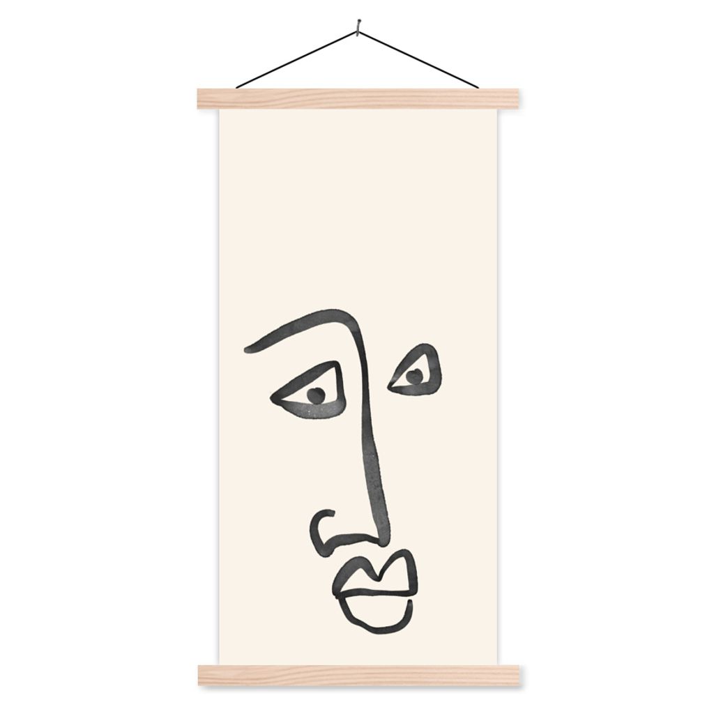MuchoWow Textilposter Gesicht - Augen - Strichzeichnung 60x120 cm mit holzfarbenen Rahmen - Holz