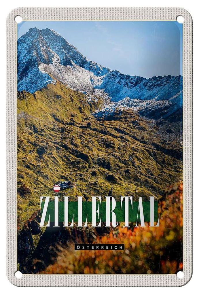 Blechschild Reise 12x18cm Zillertal Gebirge Natur Wälder Urlaub Schild