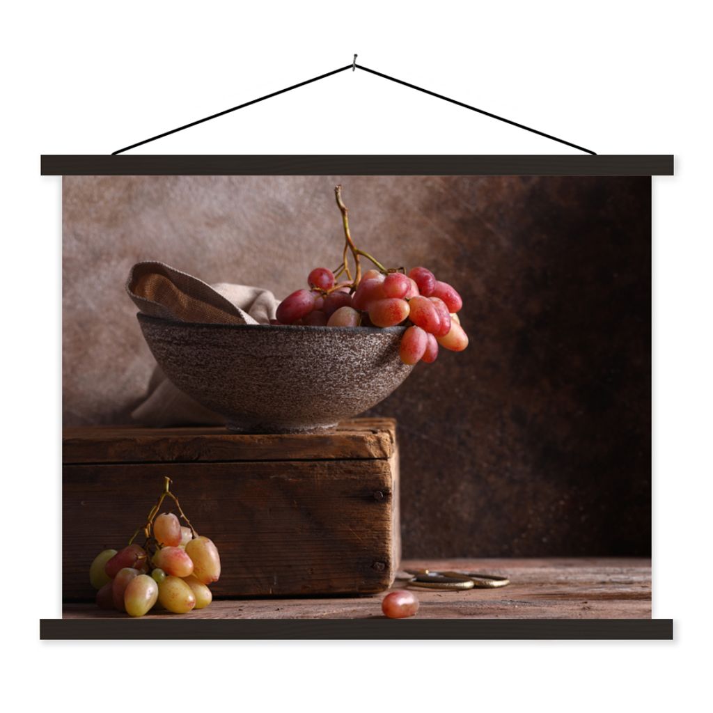 MuchoWow Textilposter Rustikal - Weintrauben - Schale - Stilleben - Obst 150x113 cm mit schwarzem Rahmen - Wohnzimmer
