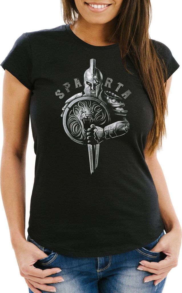 Damen T-Shirt Aufdruck Sparta Spartaner-helm Krieger Warrior Schwert Schild Löwe Fashion Streetstyle Neverless schwarz S